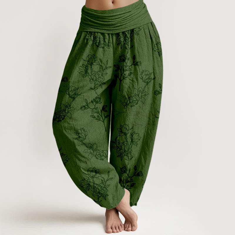 Haremshose aus Baumwolle mit Buddha Stones -Motiv, schlichtem Blumenknospenmuster und elastischem Bund für Damen - Dunkelgrün - US16, UK/AU20, EU48 (3XL) - image 0
