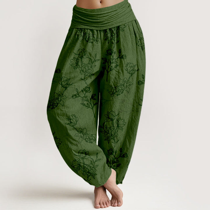Haremshose aus Baumwolle mit Buddha Stones -Motiv, schlichtem Blumenknospenmuster und elastischem Bund für Damen - Dunkelgrün - US16, UK/AU20, EU48 (3XL) - image 0