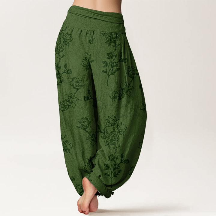 Haremshose aus Baumwolle mit Buddha Stones -Motiv, schlichtem Blumenknospenmuster und elastischem Bund für Damen - image 1