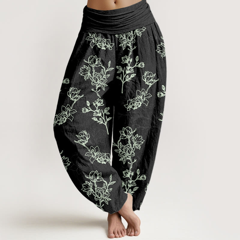 Haremshose aus Baumwolle mit Buddha Stones -Motiv, schlichtem Blumenknospenmuster und elastischem Bund für Damen - Schwarz - US16, UK/AU20, EU48 (3XL) - image 5