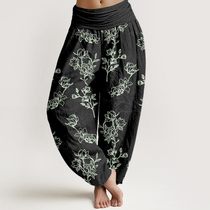 Haremshose aus Baumwolle mit Buddha Stones -Motiv, schlichtem Blumenknospenmuster und elastischem Bund für Damen - Schwarz - US16, UK/AU20, EU48 (3XL) - image 5