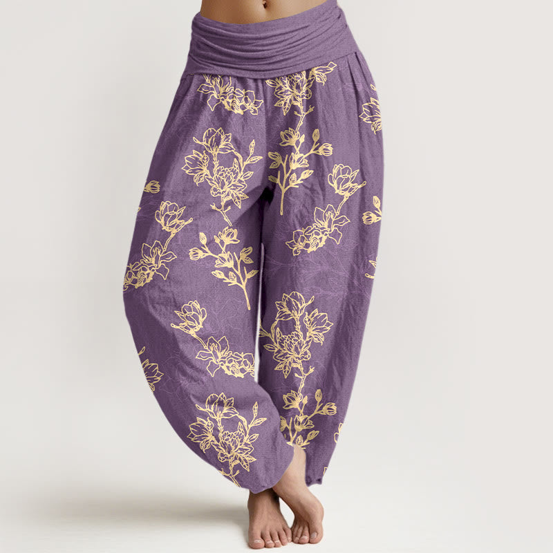 Haremshose aus Baumwolle mit Buddha Stones -Motiv, schlichtem Blumenknospenmuster und elastischem Bund für Damen - Mittelviolett - US16, UK/AU20, EU48 (3XL) - image 8