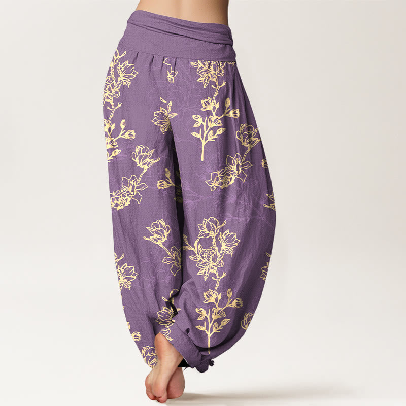 Haremshose aus Baumwolle mit Buddha Stones -Motiv, schlichtem Blumenknospenmuster und elastischem Bund für Damen - image 9