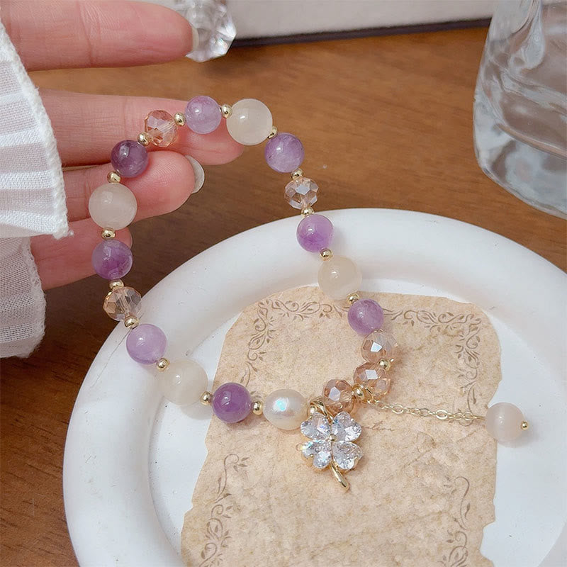 Buddha Stones, vierblättriges Kleeblatt, Amethyst, Citrin, grüner Erdbeerquarz, Rutilquarz, Balance-Armband - Amethyst (Handgelenkumfang: 15-17 cm) - image 1
