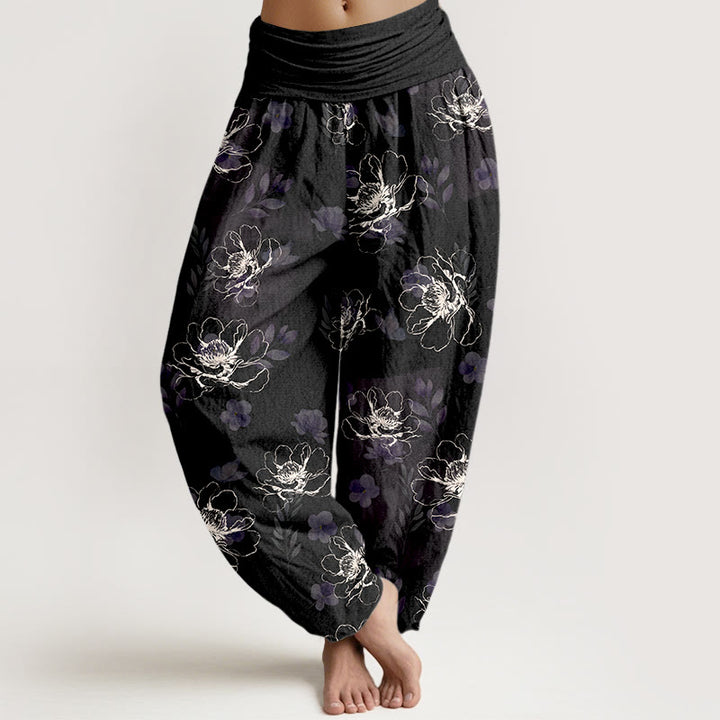 Buddha Stones Baumwolle, exquisites Retro-Blumenmuster, Damen-Haremshose mit elastischem Bund - Schwarz - US16, UK/AU20, EU48 (3XL) - image 0