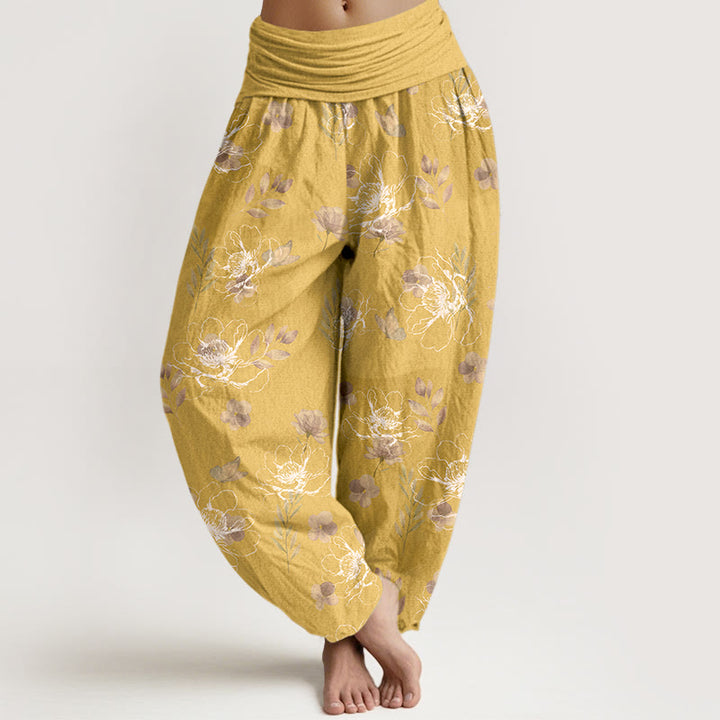 Buddha Stones Baumwolle, exquisites Retro-Blumenmuster, Damen-Haremshose mit elastischem Bund - Gold - US16, UK/AU20, EU48 (3XL) - image 5