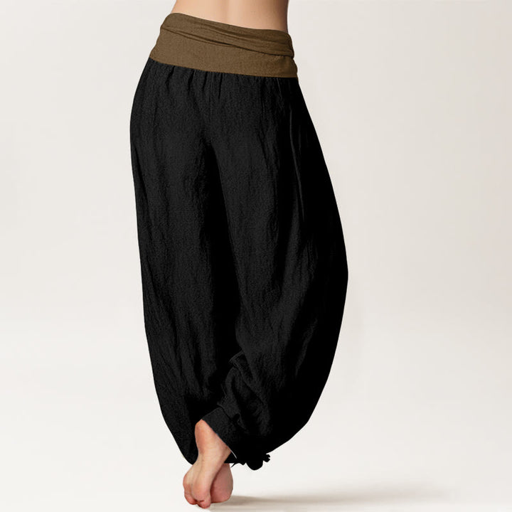 Buddha Stones Baumwoll-Haremshose für Damen, Schwarz, Grün, Beige, Unifarben, mit elastischem Bund - image 1