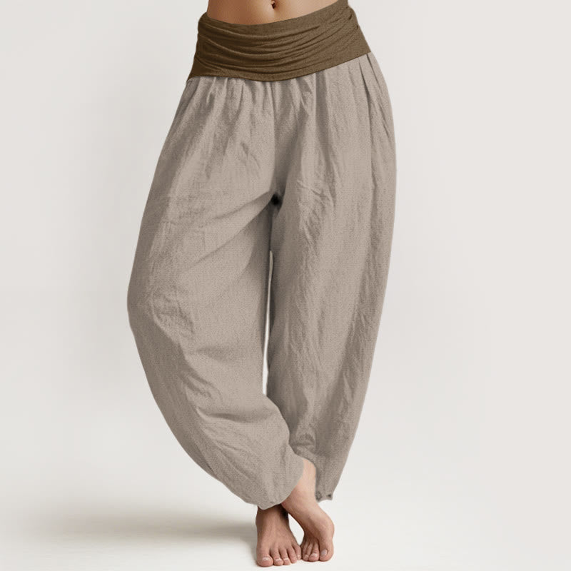 Buddha Stones Baumwoll-Haremshose für Damen, Schwarz, Grün, Beige, Unifarben, mit elastischem Bund - Bräunen - US16, UK/AU20, EU48 (3XL) - image 8