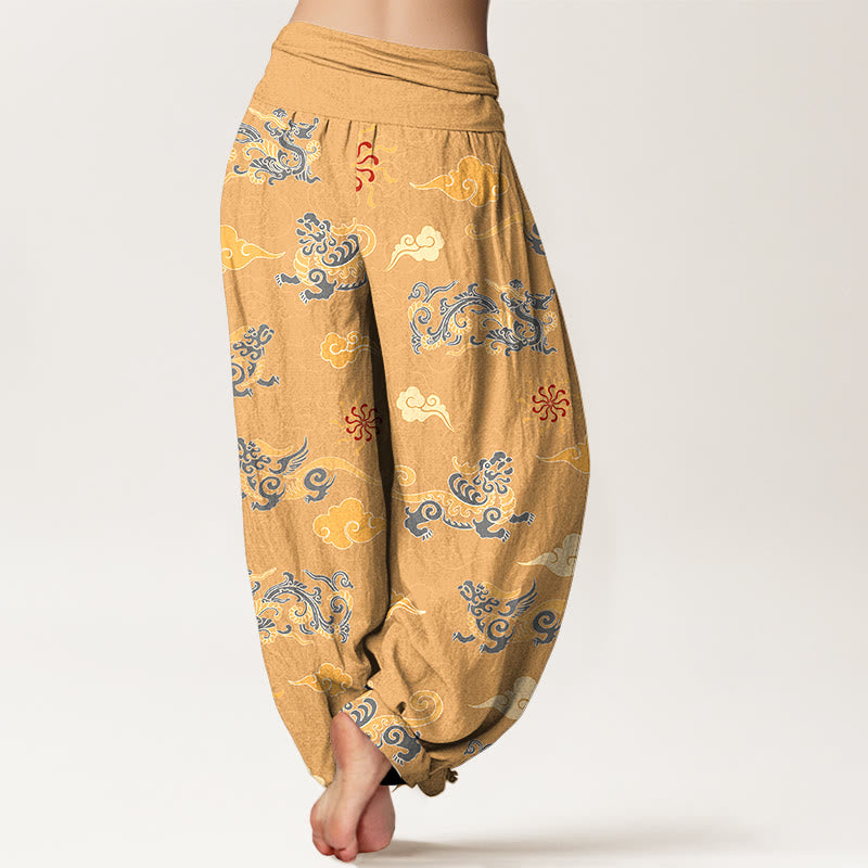 Buddha Stones ​​Baumwolle Wunderschönes Drachen- und Wolkenmuster Damen-Haremshose mit elastischem Bund - image 1