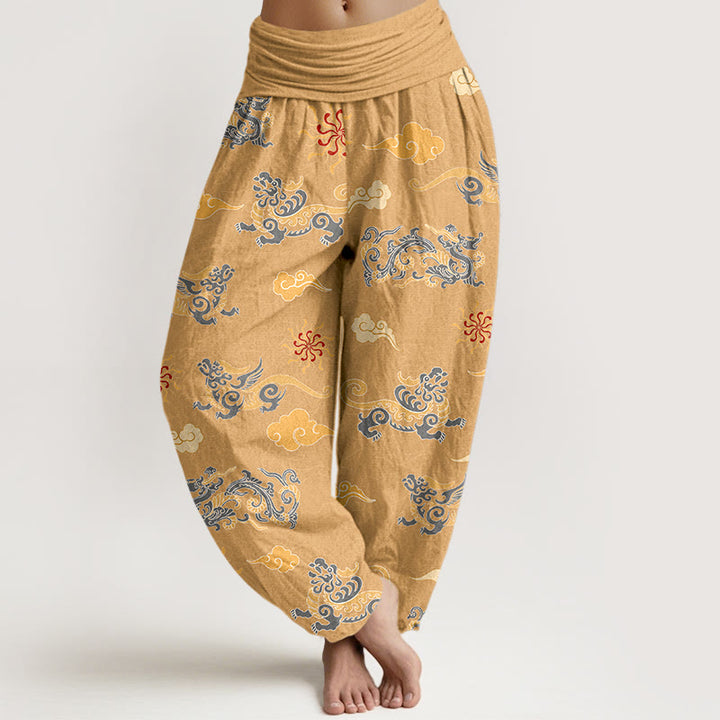 Buddha Stones ​​Baumwolle Wunderschönes Drachen- und Wolkenmuster Damen-Haremshose mit elastischem Bund - Gold - US16, UK/AU20, EU48 (3XL) - image 0