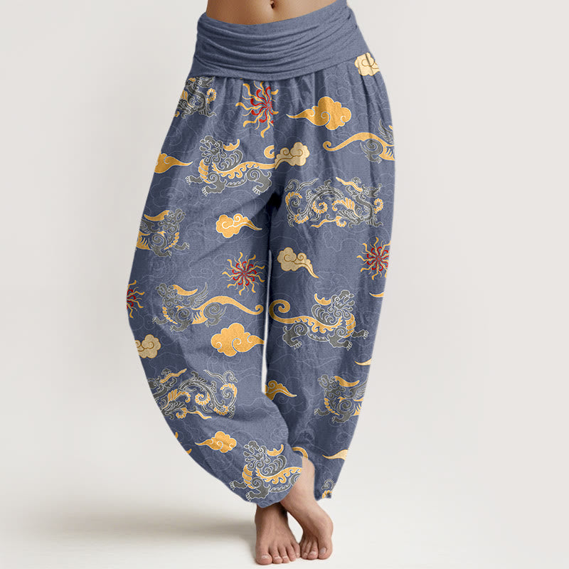 Buddha Stones ​​Baumwolle Wunderschönes Drachen- und Wolkenmuster Damen-Haremshose mit elastischem Bund - Schieferblau - US16, UK/AU20, EU48 (3XL) - image 5