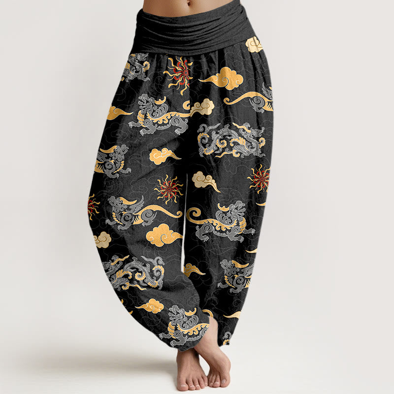 Buddha Stones ​​Baumwolle Wunderschönes Drachen- und Wolkenmuster Damen-Haremshose mit elastischem Bund - Schwarz - US16, UK/AU20, EU48 (3XL) - image 8