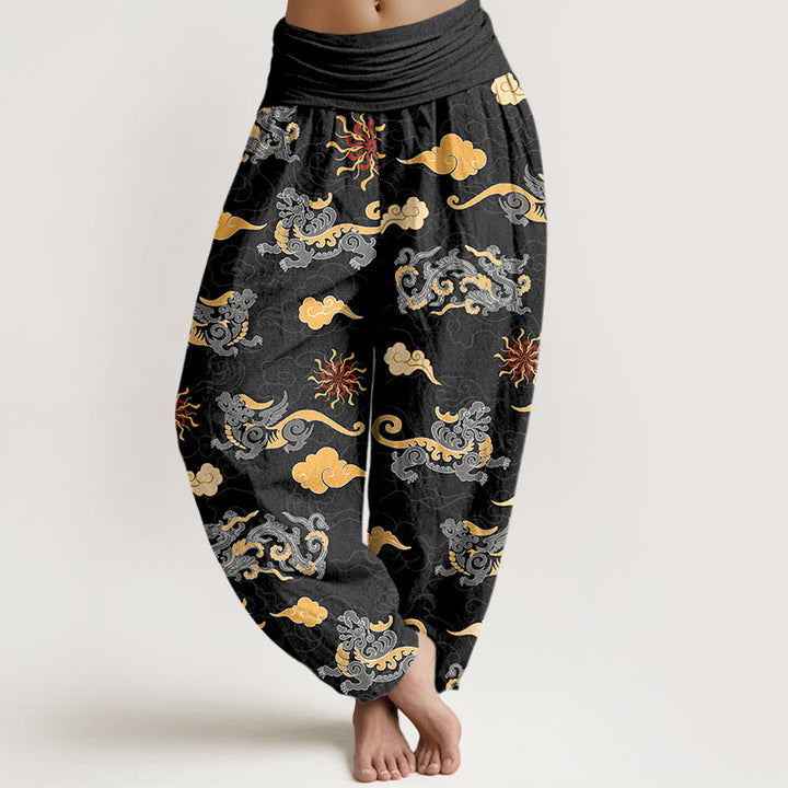 Buddha Stones ​​Baumwolle Wunderschönes Drachen- und Wolkenmuster Damen-Haremshose mit elastischem Bund - Schwarz - US16, UK/AU20, EU48 (3XL) - image 8