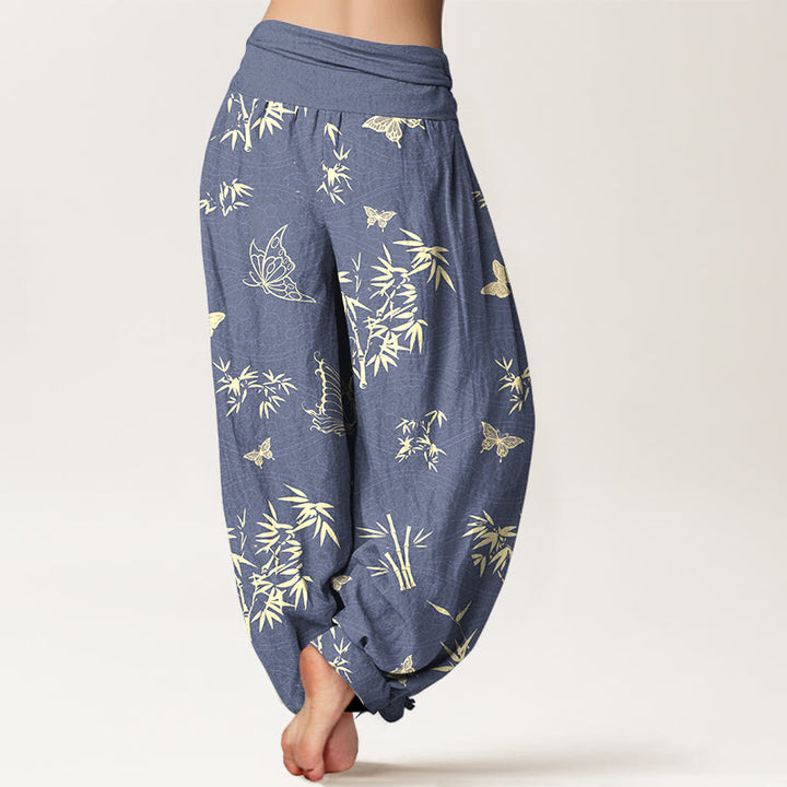 Elegante Haremshose aus Baumwolle mit Buddha Stones, Schmetterlings- und Bambusmuster sowie elastischem Bund für Damen. - image 1