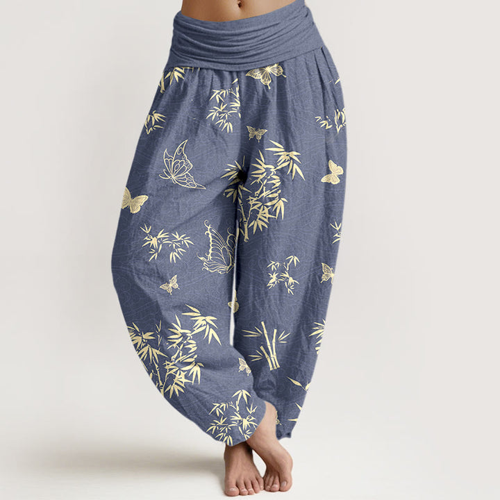 Elegante Haremshose aus Baumwolle mit Buddha Stones, Schmetterlings- und Bambusmuster sowie elastischem Bund für Damen. - Schieferblau - US16, UK/AU20, EU48 (3XL) - image 0