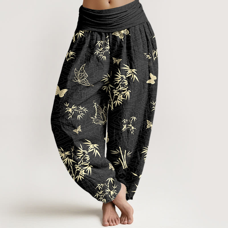 Elegante Haremshose aus Baumwolle mit Buddha Stones, Schmetterlings- und Bambusmuster sowie elastischem Bund für Damen. - Schwarz - US16, UK/AU20, EU48 (3XL) - image 5