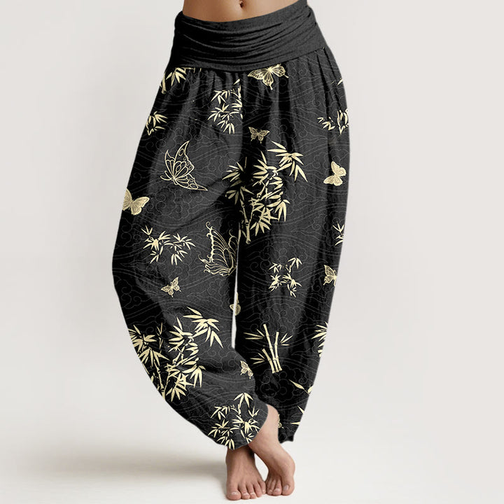 Elegante Haremshose aus Baumwolle mit Buddha Stones, Schmetterlings- und Bambusmuster sowie elastischem Bund für Damen. - Schwarz - US16, UK/AU20, EU48 (3XL) - image 5