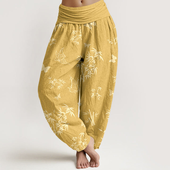 Elegante Haremshose aus Baumwolle mit Buddha Stones, Schmetterlings- und Bambusmuster sowie elastischem Bund für Damen. - Gold - US16, UK/AU20, EU48 (3XL) - image 8