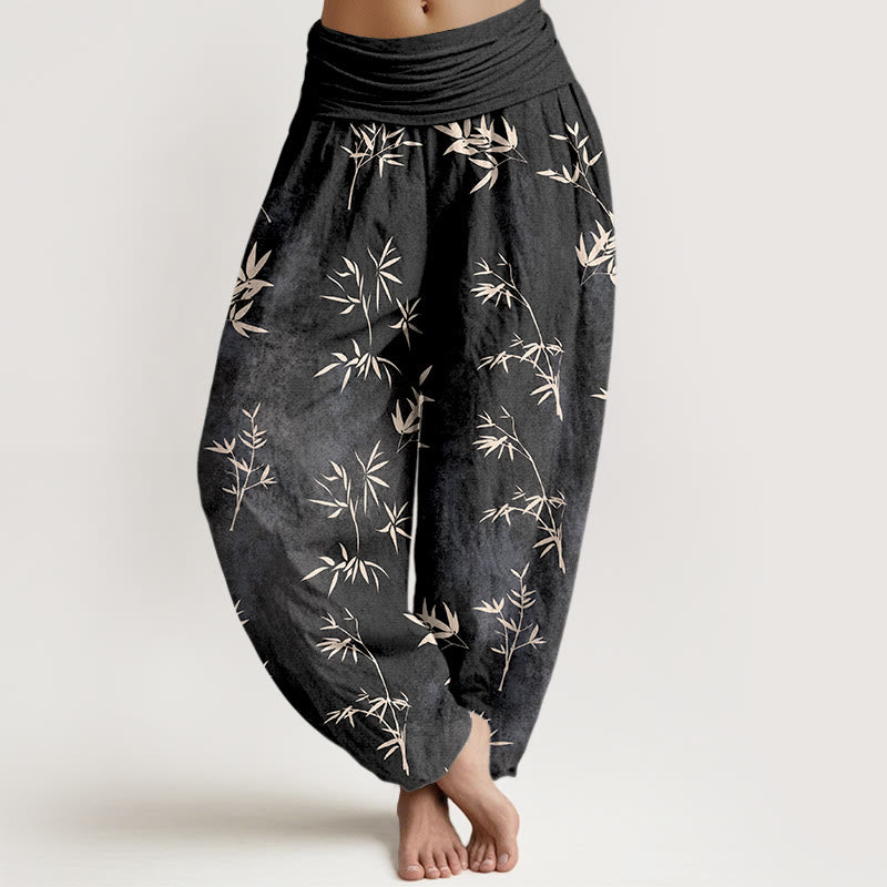 Buddha Stones, schlichtes Bambusblattmuster, Damen-Haremshose aus Baumwolle mit elastischem Bund - Schwarz - US16, UK/AU20, EU48 (3XL) - image 8
