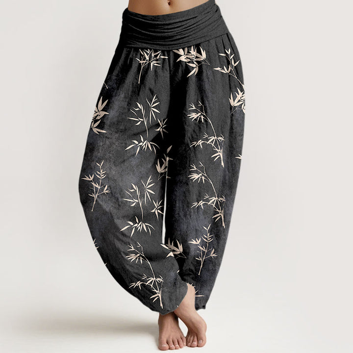 Buddha Stones, schlichtes Bambusblattmuster, Damen-Haremshose aus Baumwolle mit elastischem Bund - Schwarz - US16, UK/AU20, EU48 (3XL) - image 8