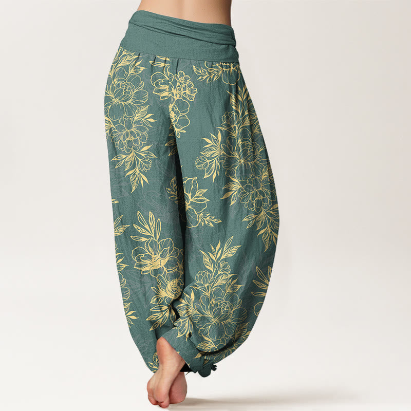 Haremshose aus Baumwolle mit Buddha Stones und aufwendigem Blumen- und Blättermuster sowie elastischem Bund für Damen. - image 1
