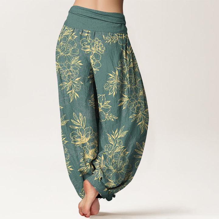 Haremshose aus Baumwolle mit Buddha Stones und aufwendigem Blumen- und Blättermuster sowie elastischem Bund für Damen. - image 1