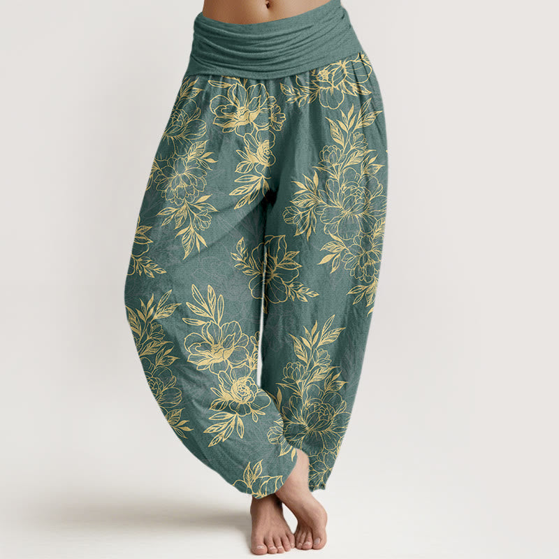 Haremshose aus Baumwolle mit Buddha Stones und aufwendigem Blumen- und Blättermuster sowie elastischem Bund für Damen. - Mittelseegrün - US16, UK/AU20, EU48 (3XL) - image 0