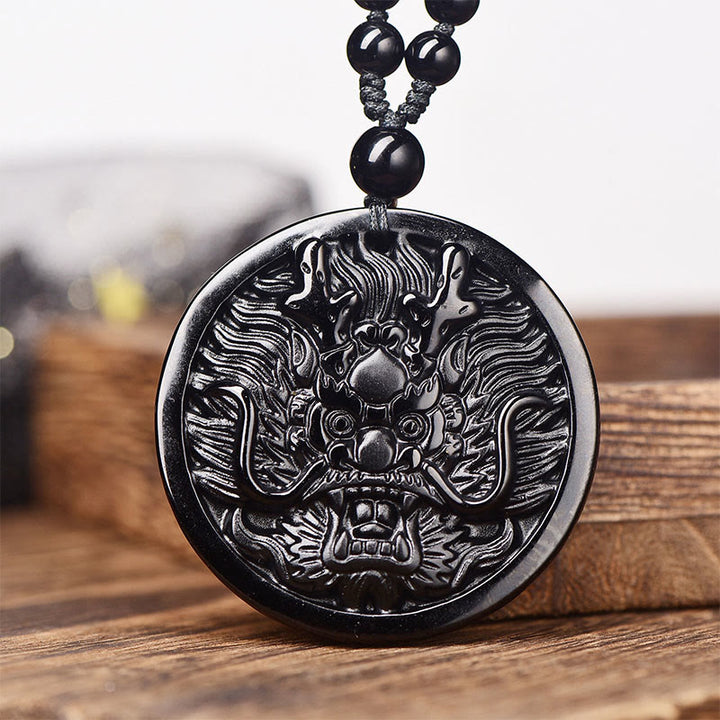 Buddha Stones Drachen-Halskette aus schwarzem Obsidian – Anhänger für Transformation und Erfüllung - Schwarzer Obsidian mit Perlenkette - image 0