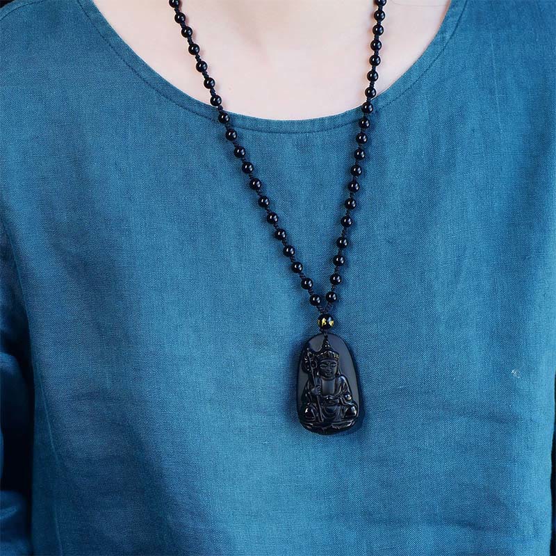 Buddha Stones ​​Ksitigarbha Buddha-Muster Schwarzer Obsidian Erfüllung Halskette Anhänger - image 3
