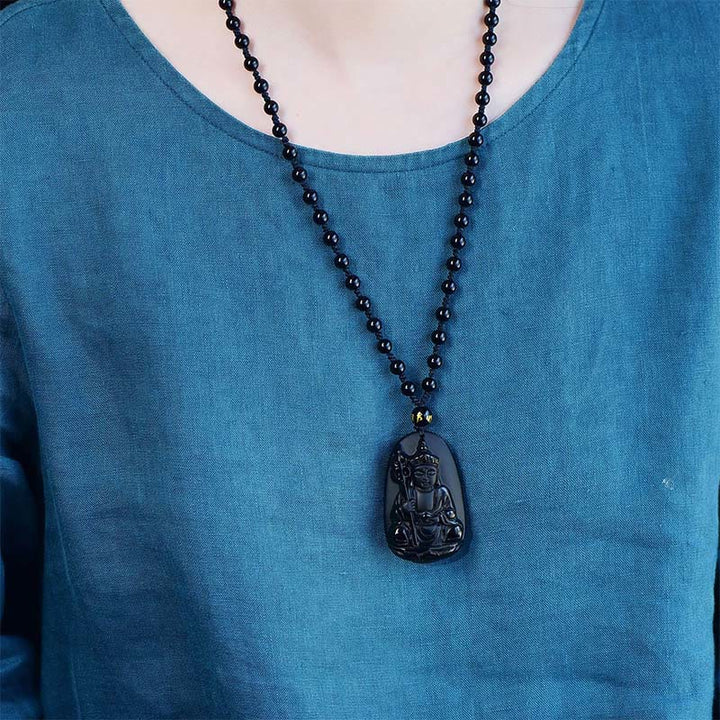 Buddha Stones ​​Ksitigarbha Buddha-Muster Schwarzer Obsidian Erfüllung Halskette Anhänger - image 3