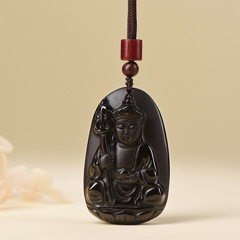 Buddha Stones ​​Ksitigarbha Buddha-Muster Schwarzer Obsidian Erfüllung Halskette Anhänger - Schwarzer Obsidian mit Seilkette - image 7