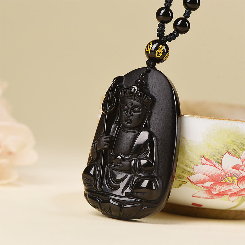 Buddha Stones ​​Ksitigarbha Buddha-Muster Schwarzer Obsidian Erfüllung Halskette Anhänger - image 2
