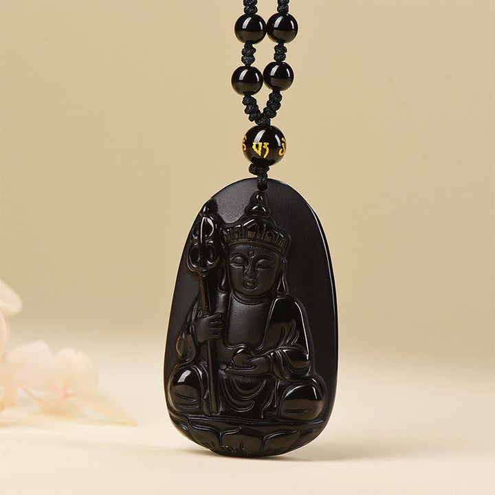 Buddha Stones ​​Ksitigarbha Buddha-Muster Schwarzer Obsidian Erfüllung Halskette Anhänger - Schwarzer Obsidian mit Perlenkette - image 0
