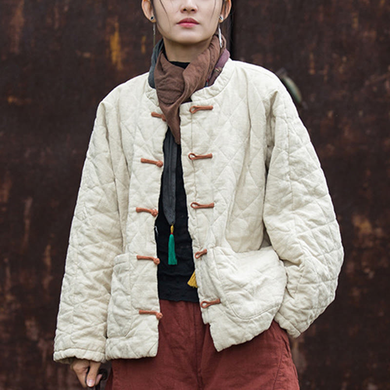 Buddha Stones Winterliche Damen-Thermojacke aus Baumwolle mit Froschknopfleiste, offenem Vorderteil, langen Ärmeln und Taschen - image 1