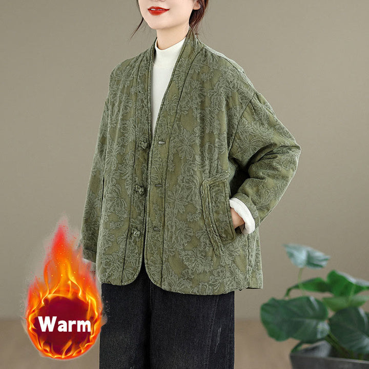Buddha Stones Winter V-Ausschnitt Jacquard Froschknopf Baumwolle Langarm Thermojacke für Damen mit Taschen - Dunkelseegrün - US12, UK/AU16, EU44 (2XL) - image 0