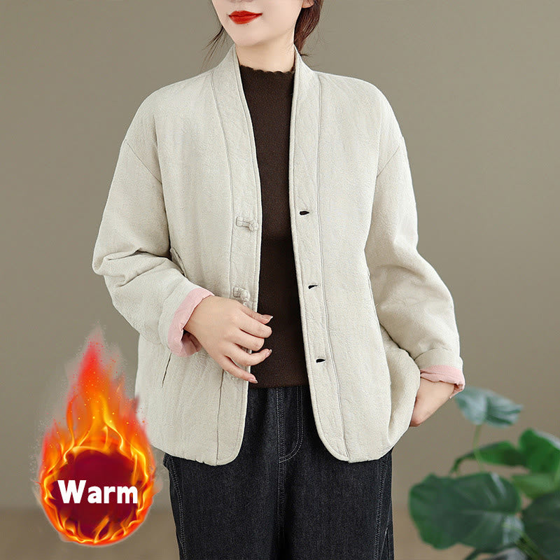 Buddha Stones Winter V-Ausschnitt Jacquard Froschknopf Baumwolle Langarm Thermojacke für Damen mit Taschen - Weiß - US12, UK/AU16, EU44 (2XL) - image 12