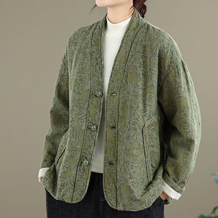 Buddha Stones Winter V-Ausschnitt Jacquard Froschknopf Baumwolle Langarm Thermojacke für Damen mit Taschen - image 4