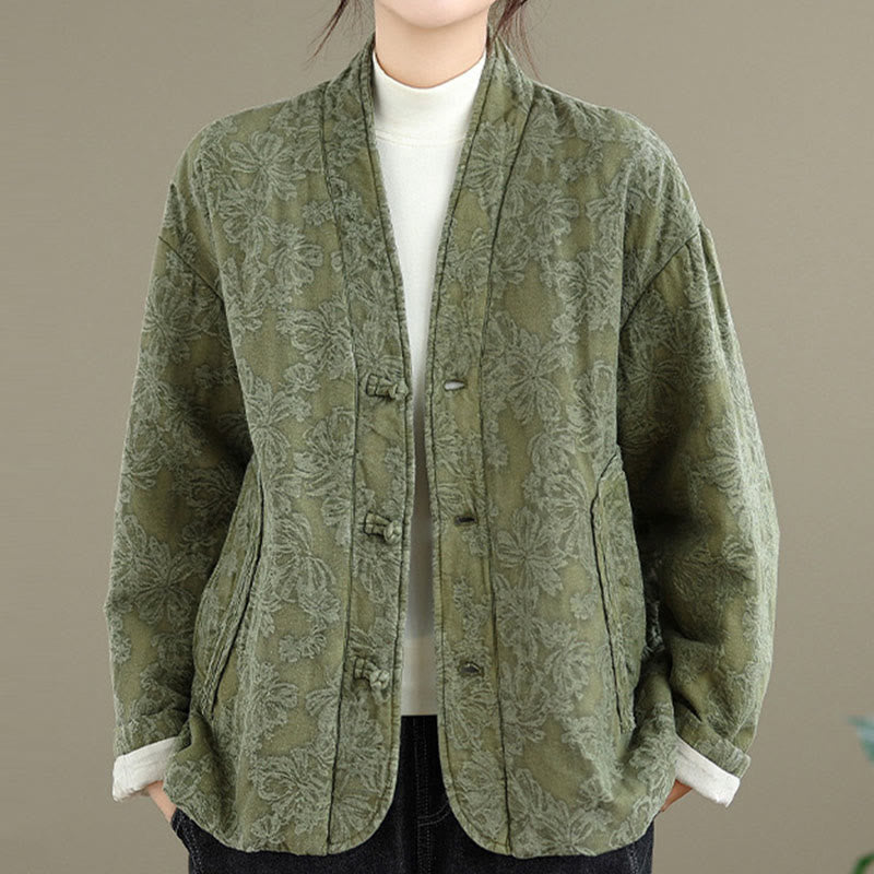 Buddha Stones Winter V-Ausschnitt Jacquard Froschknopf Baumwolle Langarm Thermojacke für Damen mit Taschen - image 2