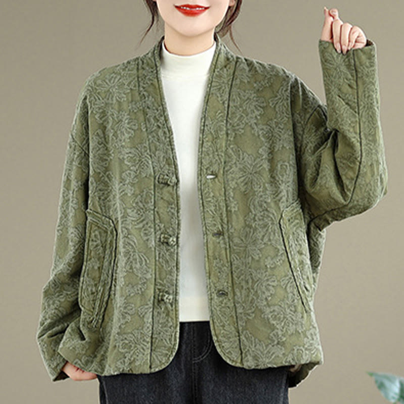 Buddha Stones Winter V-Ausschnitt Jacquard Froschknopf Baumwolle Langarm Thermojacke für Damen mit Taschen - image 5