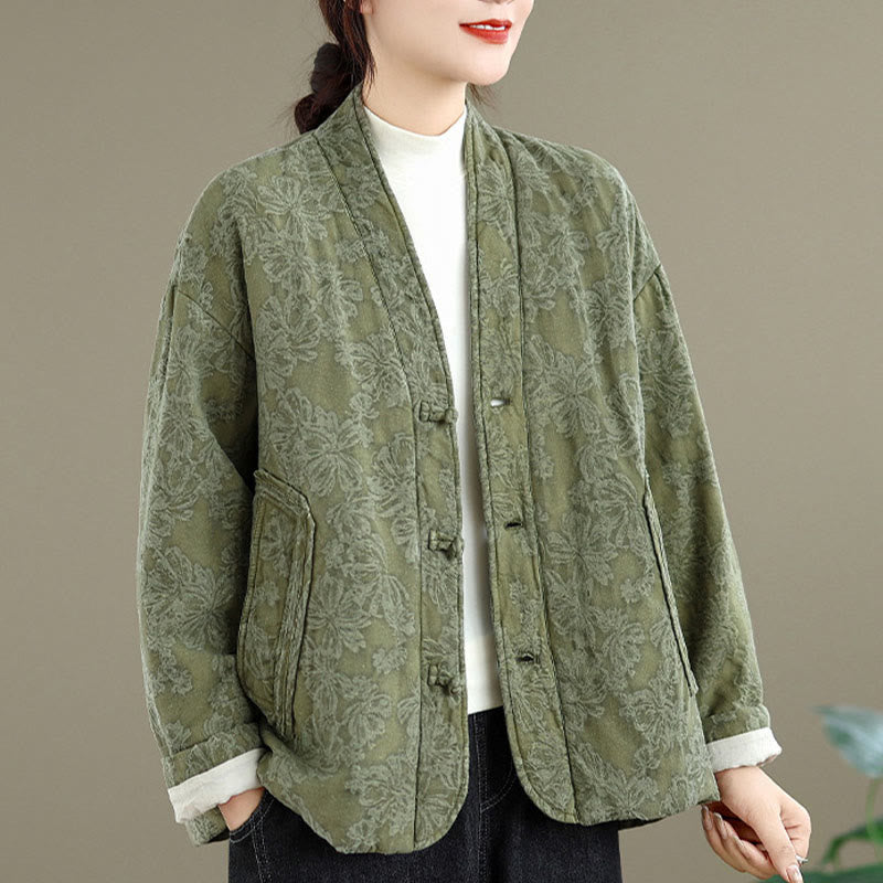 Buddha Stones Winter V-Ausschnitt Jacquard Froschknopf Baumwolle Langarm Thermojacke für Damen mit Taschen - image 1