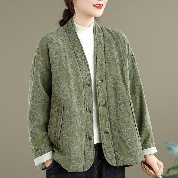 Buddha Stones Winter V-Ausschnitt Jacquard Froschknopf Baumwolle Langarm Thermojacke für Damen mit Taschen - image 1