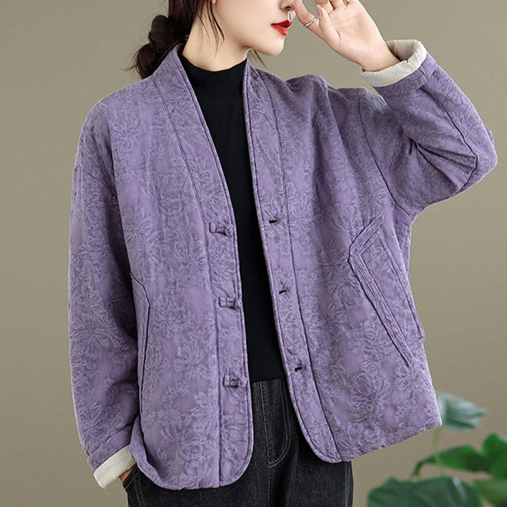 Buddha Stones Winter V-Ausschnitt Jacquard Froschknopf Baumwolle Langarm Thermojacke für Damen mit Taschen - image 24