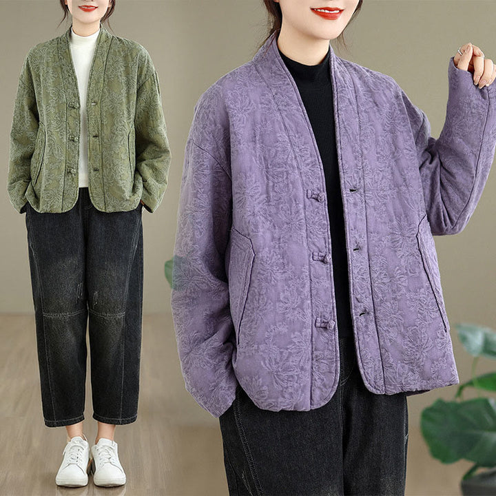 Buddha Stones Winter V-Ausschnitt Jacquard Froschknopf Baumwolle Langarm Thermojacke für Damen mit Taschen - image 25