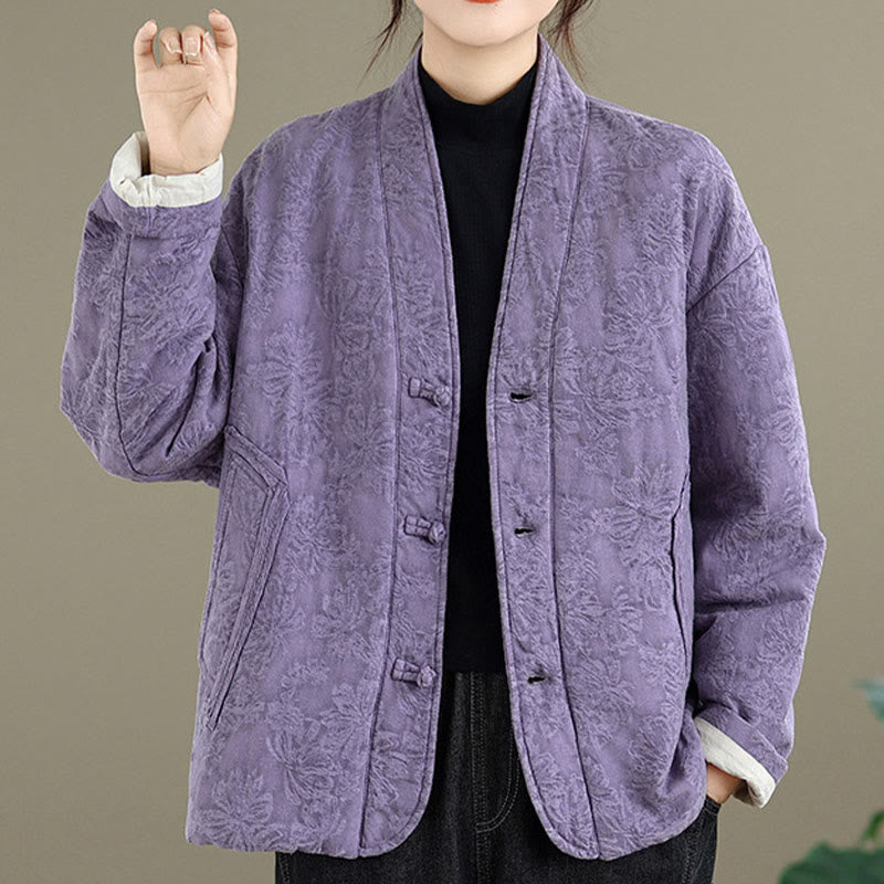 Buddha Stones Winter V-Ausschnitt Jacquard Froschknopf Baumwolle Langarm Thermojacke für Damen mit Taschen - image 23