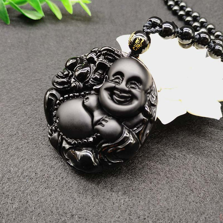 Buddha Stones, lachender Buddha-Motiv, schwarzer Obsidian, Glas-Halskette mit Anhänger - image 2