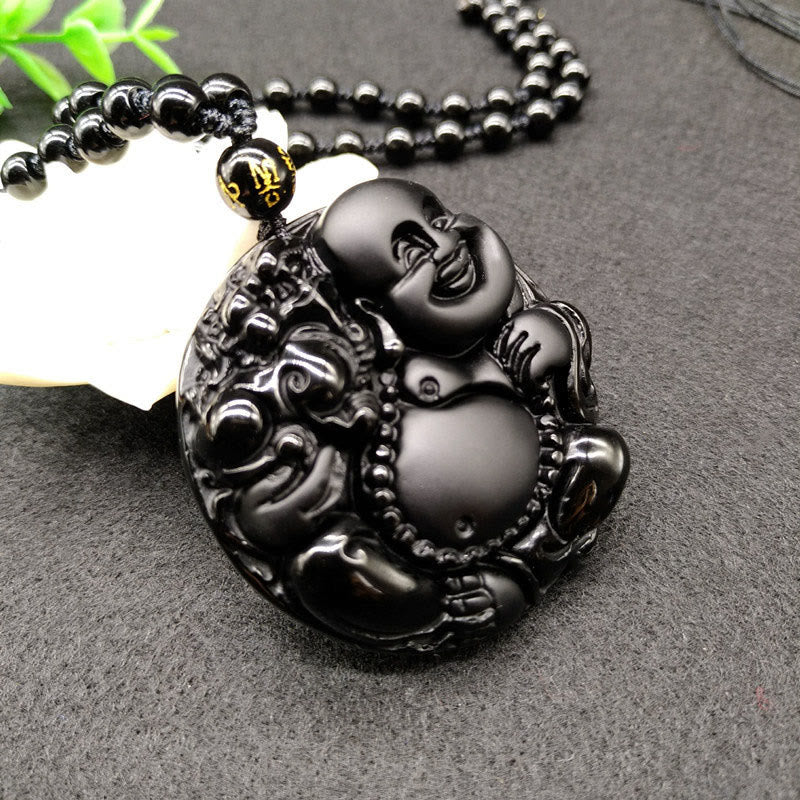 Buddha Stones, lachender Buddha-Motiv, schwarzer Obsidian, Glas-Halskette mit Anhänger - image 3