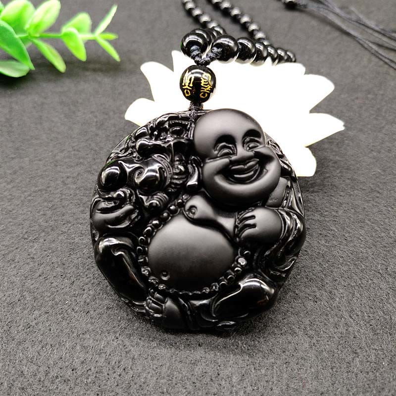 Buddha Stones, lachender Buddha-Motiv, schwarzer Obsidian, Glas-Halskette mit Anhänger - Schwarzer Obsidian - image 0