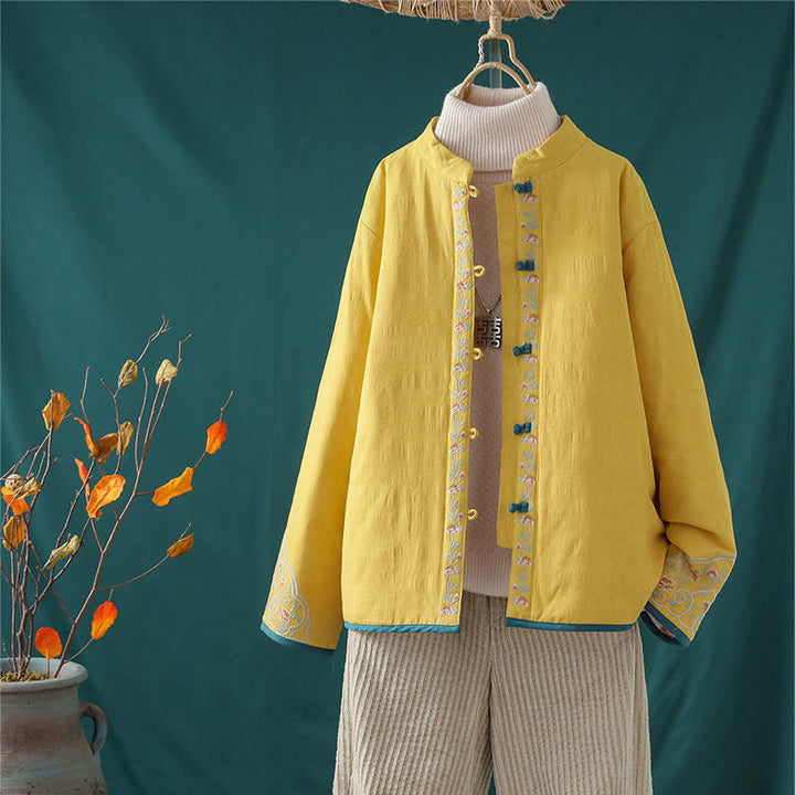 Winterliche Damen-Thermojacke aus Baumwolle mit Buddha Stones, Froschknopfstickerei, Blumenranken und Stickerei. - Gelb - US 8-10, UK/AU 12-14, EU 40-42 (2XL) - image 1