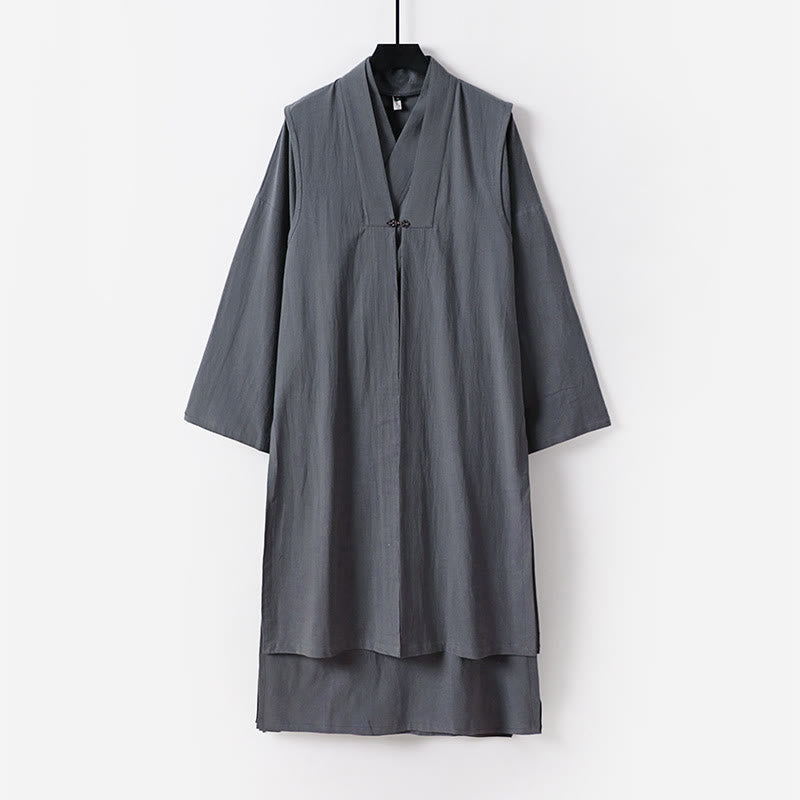 Buddha Stones 2-teiliger Wudang Herbst-Kimono für Herren, einfarbig, langärmelig, taoistisch, ärmellos, mit Schnürung, Zeremonienanzug - Dunkelgrau - US/ UK/AU54, EU64 (9XL) - image 0