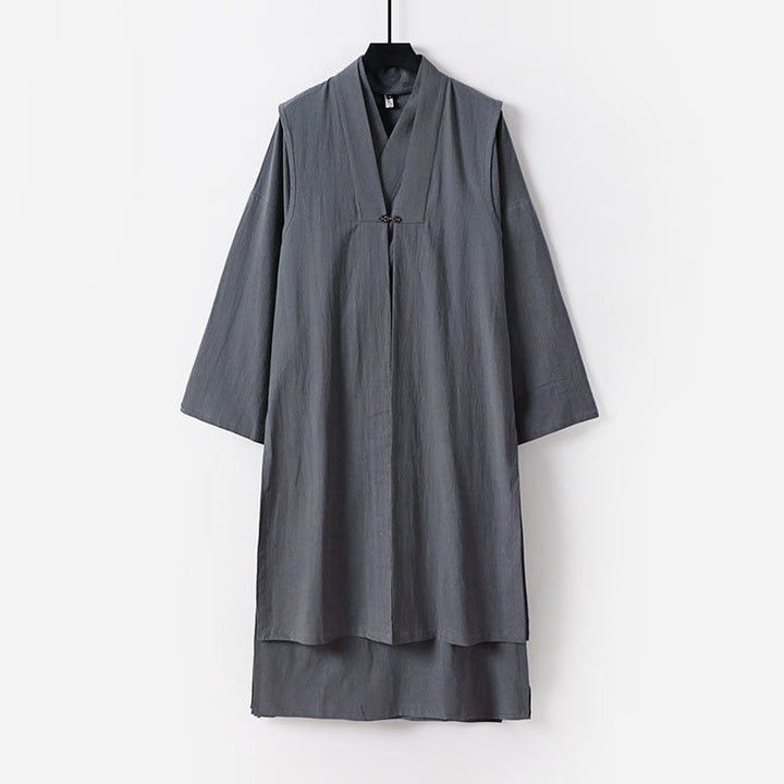 Buddha Stones 2-teiliger Wudang Herbst-Kimono für Herren, einfarbig, langärmelig, taoistisch, ärmellos, mit Schnürung, Zeremonienanzug - Dunkelgrau - US/UK/AU54, EU64 (9XL) - image 0